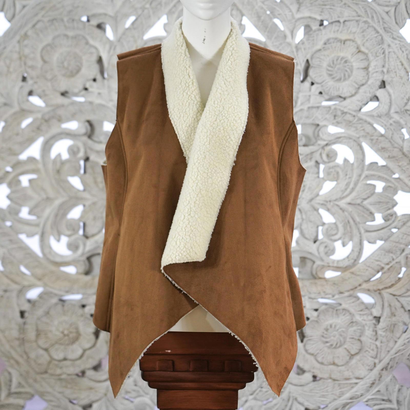 Neiman Marcus Brown Faux Suede Sherpa Vest Women’s Size M Open Front